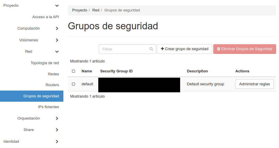 OpenStack. Listaxe de grupos de seguridade